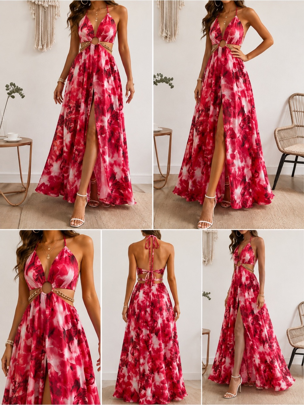 Red Floral Cutout Maxi Dress | Open Back | Gold Chain Detail | Size S